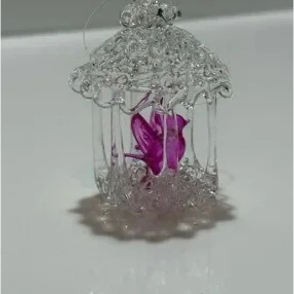 Pink Glass Bird Ornament in Decorative Cage - Pets Bird